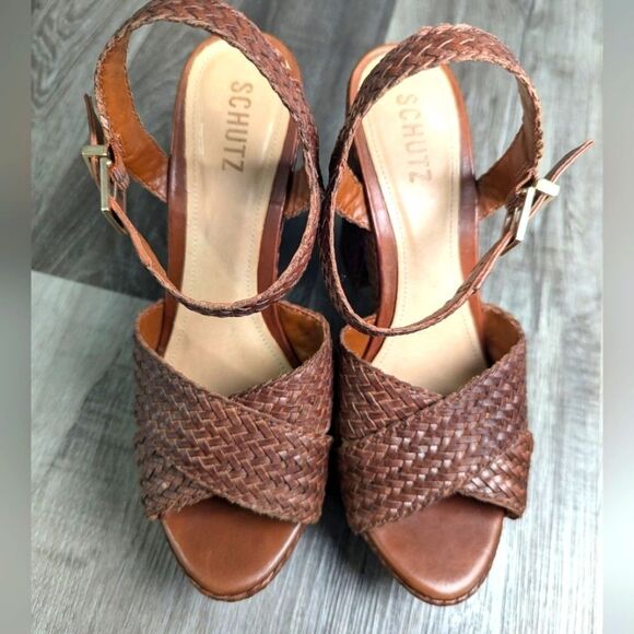 Schutz Brown Tan braid woven leather platform open toe sandal heels womens 9 - Picture 7 of 8